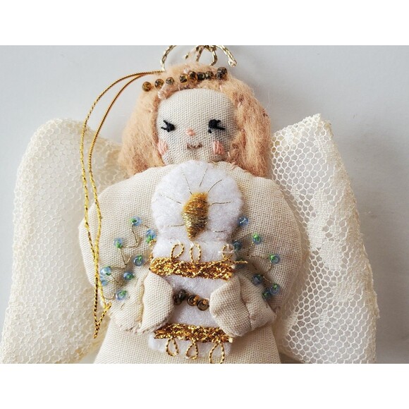 Vintage Handmade Angel Christmas Ornaments Set Beaded Lace Embroidered Folk Art - Picture 10 of 10